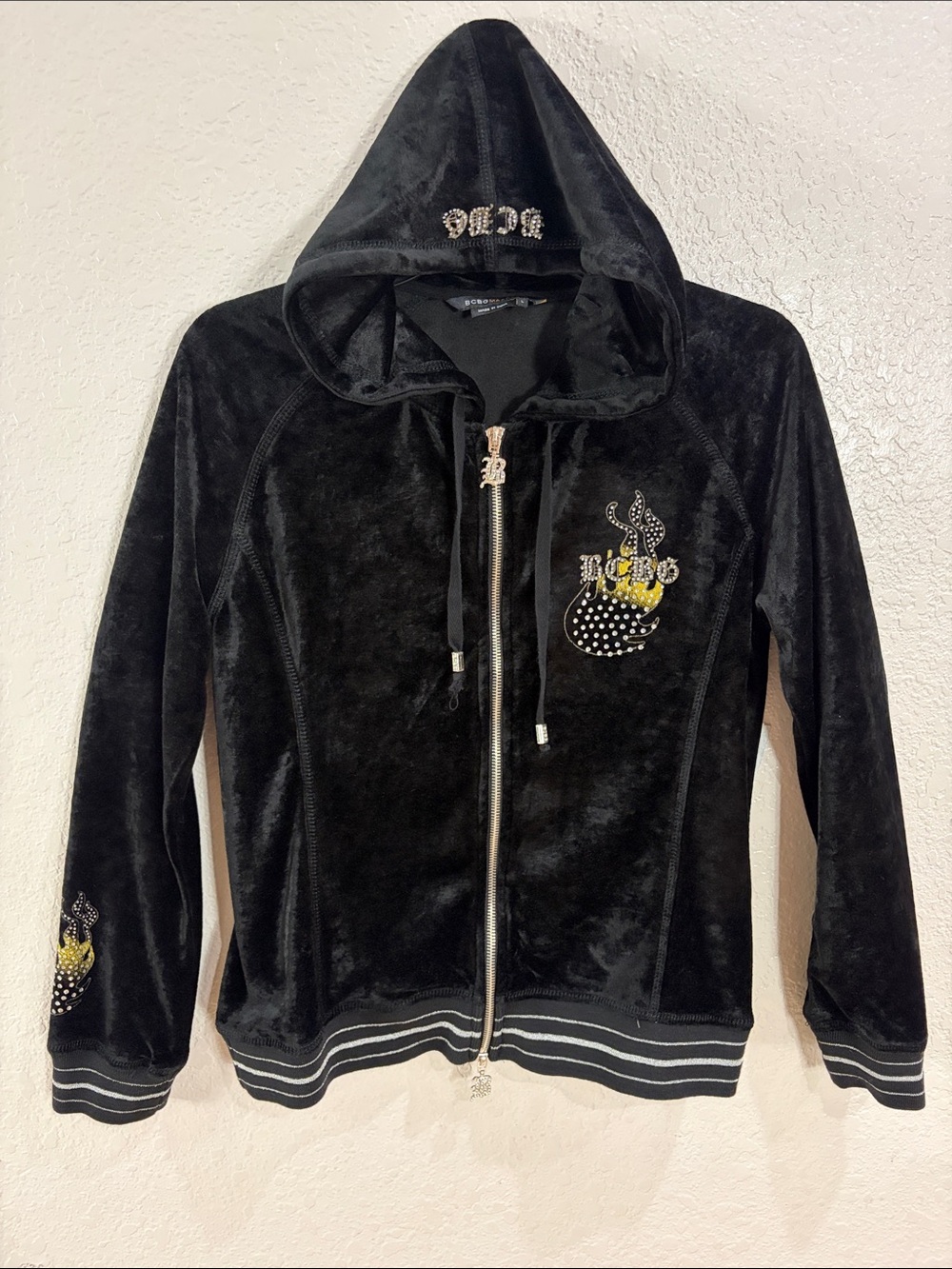 BCBG Maxazria,Size L,Black Embellished Velvet Zip-Up Hoodie Jacket